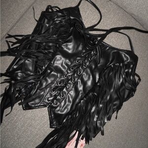 Black Leather Fringe Top